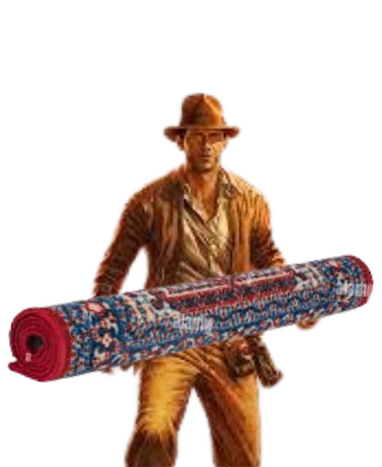Indiana Jones qui tient un tapis dans sa main