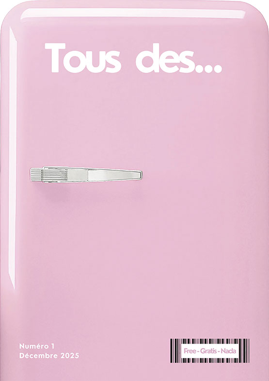 une de magazine représentant un réfrigérateur rose pastel fermé avec une poignée en aluminium